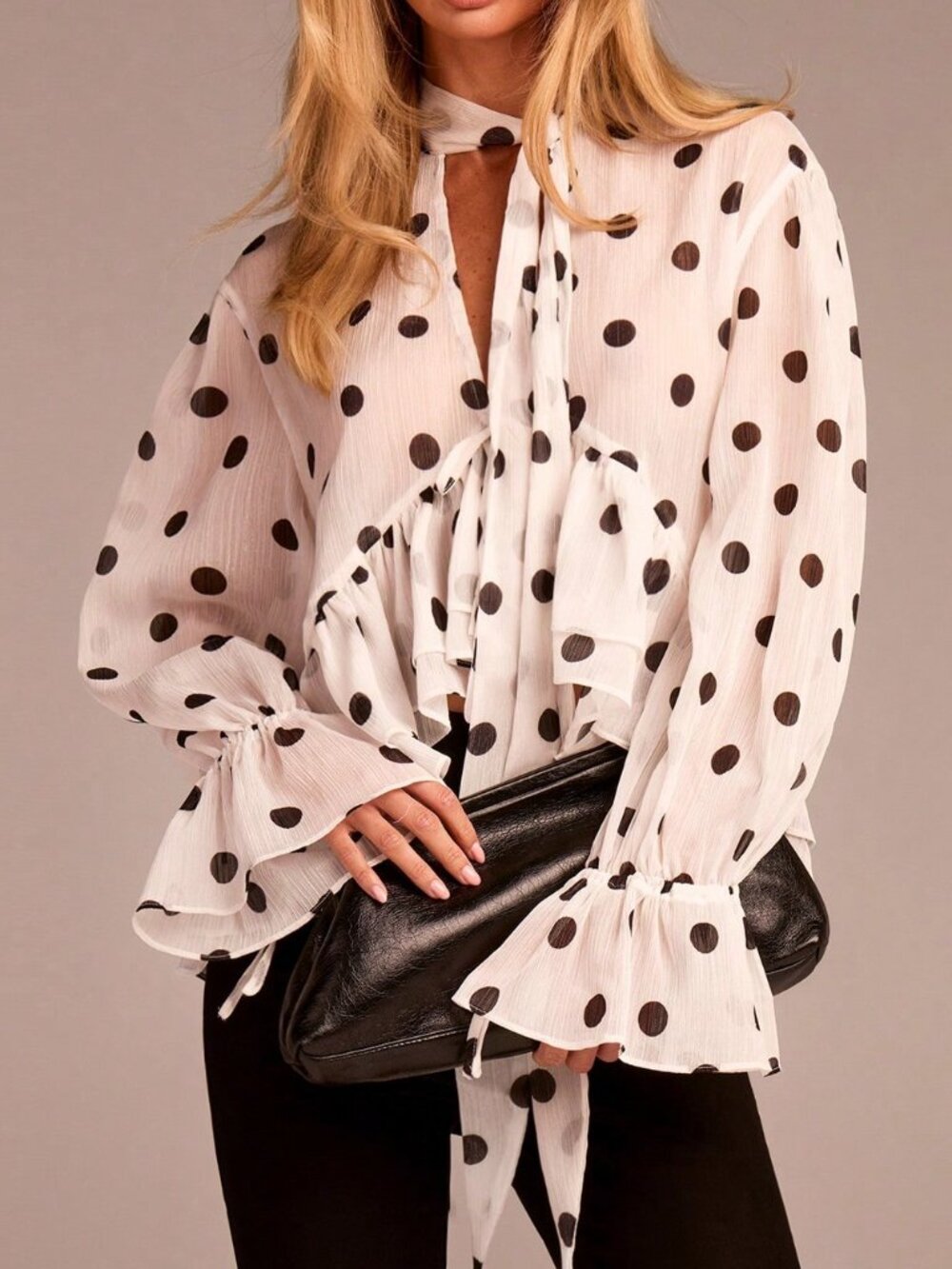 Black And White Elegant Women's Long Sleeve Tie-Waist Ruffle Polka Dot Blouse - Picture 3 of 6